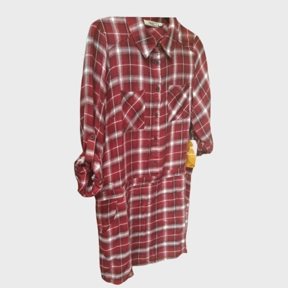 Andree Burgundy & White Plaid Midi Dress. - Picture 5 of 12